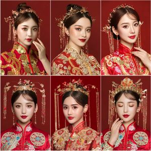 Bijoux Accessoires de cheveux de mariage chinois Tiare rouge Vintage Bridal Crown Bandband Set Pearls Crowns for Women 2023 Bride Tiaras Headpiece
