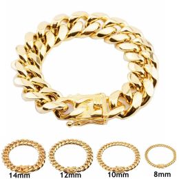 Bijoux Mode Classique Bijoux En Acier Inoxydable 316L Plaqué Or 14K Dragon Fermoir Fermoir Cubain Lien Bracelets Pour Hommes Chaîne 1.4cm De Large Bon