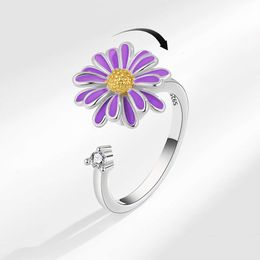 Bague marguerite rotative en émail violet, bijoux créatifs, résistant à la pression, Anti-anxiété et réduction du Stress