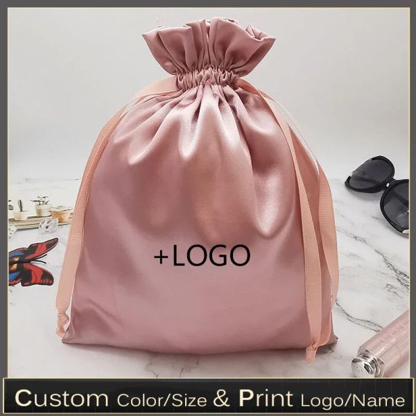 Bolsas con cordón de satén de seda con logotipo personalizado para joyería, extensiones de bolso, zapatos cosméticos, almacenamiento de viaje, paquete de almacenamiento para el hogar, 50 unids/lote