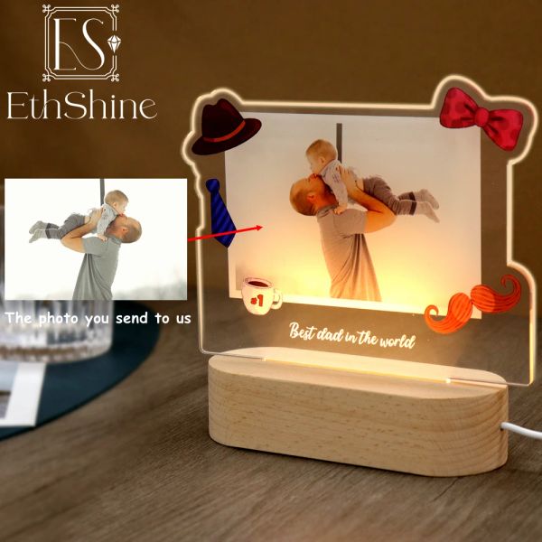 Joyería Foto personalizada Texto Lámpara LED para el hogar Niños Parejas Papá Familia Fiesta de cumpleaños Decoración Día de San Valentín Lámpara de noche Regalo de Navidad