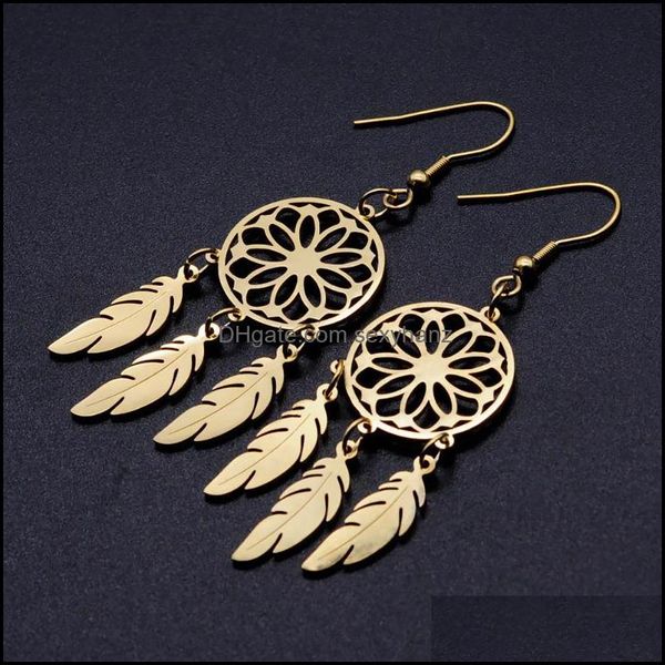 Joyería Cuelga la lámpara 100% de acero inoxidable Lotus Dreamcatcher Pendiente único para las mujeres Pendientes de la joyería de Bohemia Venta al por mayor Nunca deje caer