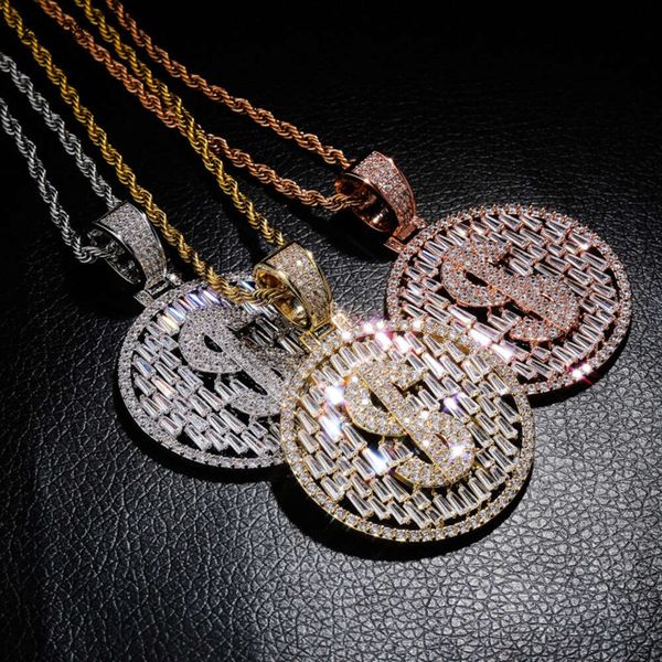 Créateur de bijoux Hip Hop plein glacé Dollar symbole pendentif AAA cubique zircone réglage collier rond HipHop