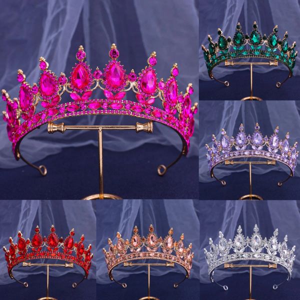 Joyería Diezi Princesa Full Rose Red Crystal Tiara Crown for Women Girls Boda Elegante Vestido de cabello nupcial Accesorios de joyería