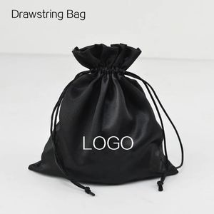 Bijoux sac à cordon pochette à bijoux sac cadeau en satin noir poche d'oreille en bois extensions de cheveux sacs d'emballage fabricant logo personnalisé 50P