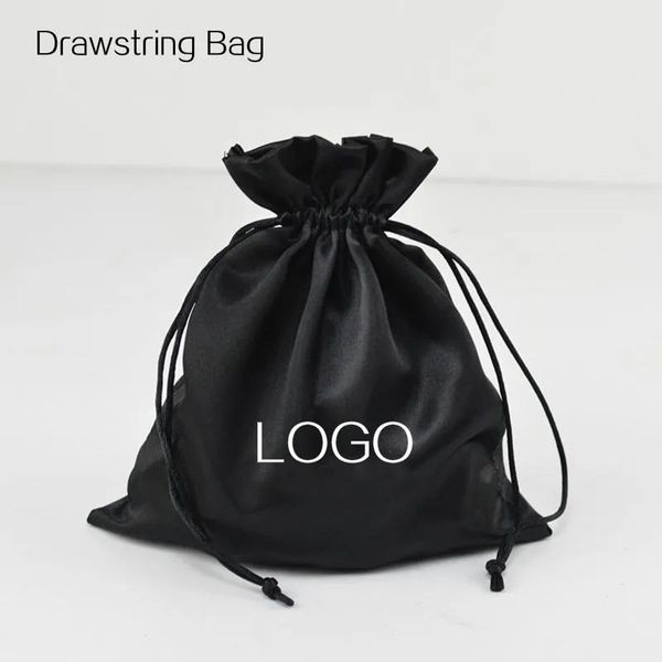 Bolsa con cordón para joyería, bolsa de regalo de satén negro, bolsillo para oreja de madera, extensiones de cabello, bolsas de embalaje, logotipo personalizado del fabricante, 50P