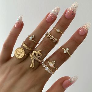 conjunto de anillos de 9 piezas de hoja de diamante en forma de serpiente geométrica creativa de moda de joyería