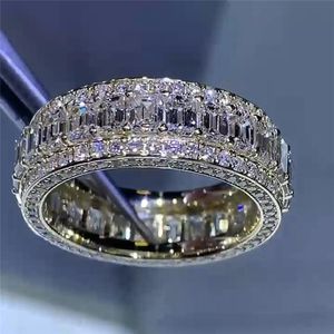 Sieraden vullen volledige T Princess Cut White Topaz CZ Diamond Gemstones Party Moissanite Women Wedding Band Ring voor Love Gift
