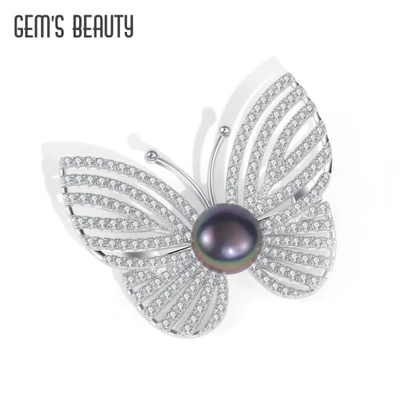 Jewelry Gem's Beauty 925 Silver Black Pearl Brooch avec design parfait, bijoux en forme de papillon pour les occasions importantes meilleures cadeaux