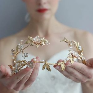 Bijoux couleur or feuille florale diadème de mariage couronne de cheveux strass accessoires à la main bandeau de mariée femmes fête casque