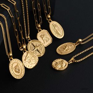 Joyería Amuleto griego Medallón Oro de 18 quilates Acero inoxidable Animal Espada Lobo León Brújula Jesús Moneda Charm Colgante Collar para hombres