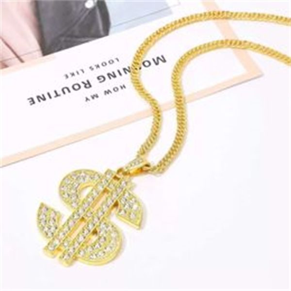 Bijoux Hip Hop Gold Chain Collier pour hommes et femmes Symbole du dollar américain Diamond Pendant