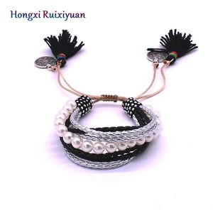 Sieraden lederen armband mode handgemaakte kralen actieve knoop meerlagige touw wrap fringe armbanden voor dames bangle