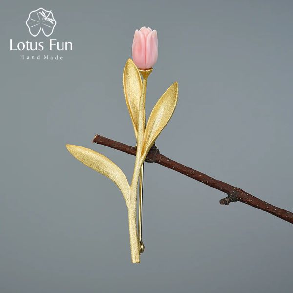 Jewelry Lotus Fun Eternal Love Tulip Flower Brooches Real 925 STERLING Silver 18K Gold Design Handmade Fine Bijoux Best Gift Fomer