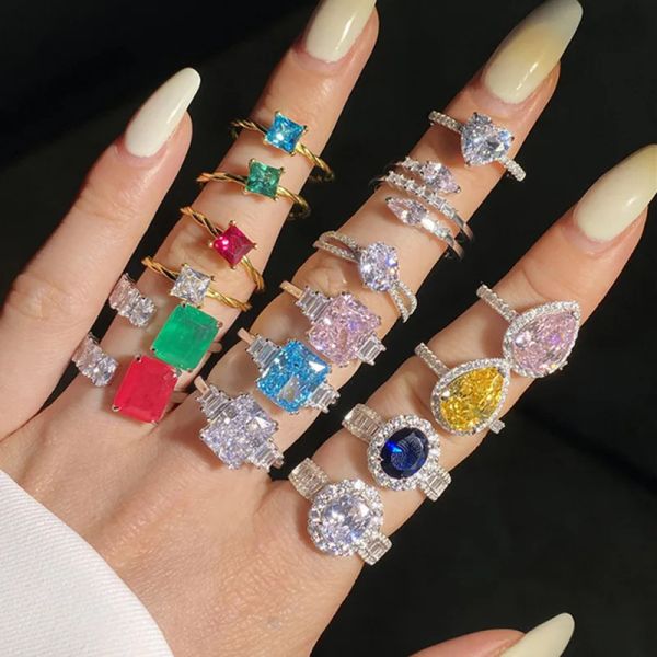 joyería anillos de diseño de lujo para mujer plata de ley 925 amor eterno anillo de oro corazón cuadrado circonita amarilla/rosa compromiso boda diamante para mujer