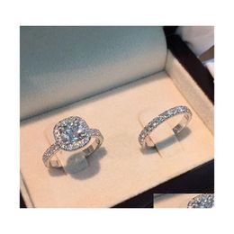 Joyería de lujo Conjunto de anillos de compromiso cúbicos Geometría cuadrada femenina Anillos Cristal de circón Boda para mujeres Nupcial Mujer Bague Drop De Dhr7S