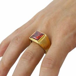 Bijoux hommes pierres bague Simple rouge zircon cubique bagues de doigt 14k or jaune bague de mariage pour femmes hommes