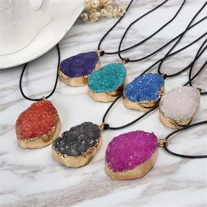 Bijoux collier en pierre naturelle goutte d'eau Quartz pendentif de guérison Couples colliers en cuir hommes femmes cadeau colliers