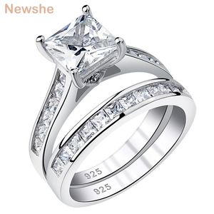 Bijoux Newshe 2 pièces anneaux de mariage classiques ensemble pour femmes 7*7mm coupe princesse Aaaaa Zircon Sterling Sier bague de fiançailles bijoux