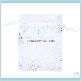Bijoux Emballage Présentoir BijouxJewelry Pochettes Sacs 100 Pcs Organza Cadeau De Mariage Pochette Dstring Sier Blanc Flocons De Neige Imprimé Partie Transparente
