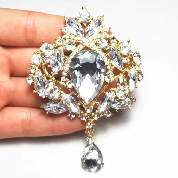 Alfileres de joyería Gota de agua de cristal grande Broche de gota en tono dorado de alta calidad Broche de joyería de Diamante grande exquisito Broche de cristal grande para mujer