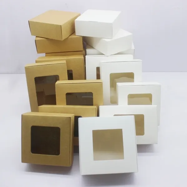 Sachets de bijoux 10 pcs emballages cadeaux bricolage avec fenêtre blanc / kraft papier à grande taille Box bac gâteau de mariage Rassemblement