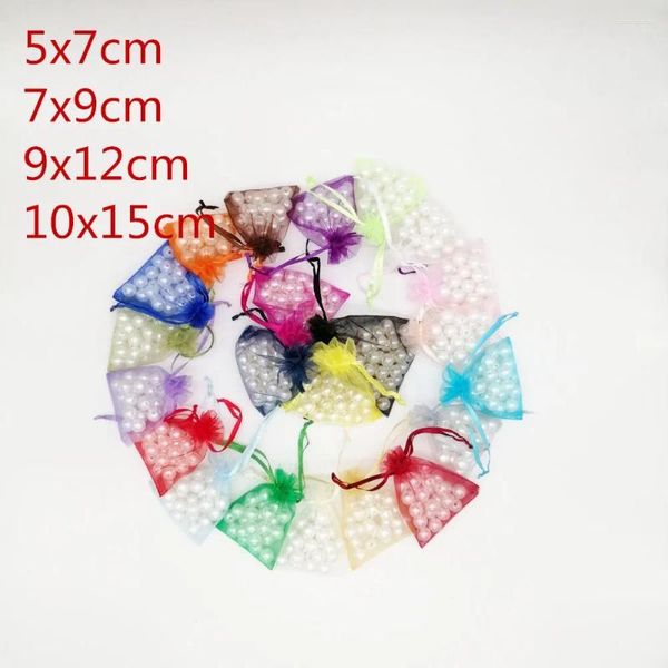 Sachets de bijoux 100pcs 5x7 7x9 9x12 10x15 Sac de bijoux sacs d'organza sacs d'emballage Cadeau à cordon pour