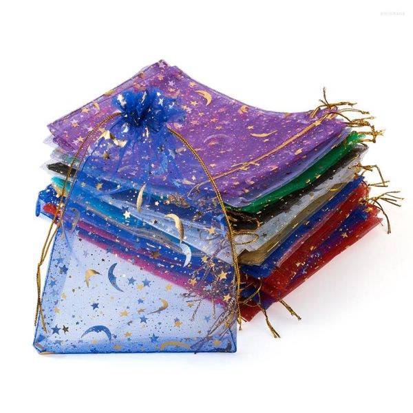 Bolsas de joyería 100 piezas Star Moon Impreso Organza Cordón Bolsas de regalo Rectángulo para fiesta de Navidad Candy Favor Color mezclado