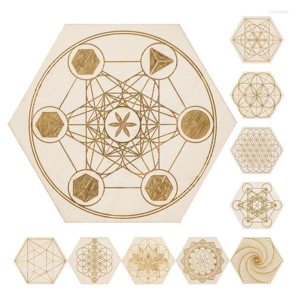 Pochettes à bijoux 10cm planche de bois naturel planche de grille de méditation Metatron Cube fleur de vie guérison chakras yoga énergie pierre soutien maison