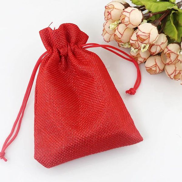 Bolsas de joyería, 10 Uds., 15x20cm, bolsa de yute de Color rojo, bolsas con cordón de arpillera, cuentas de regalo de dulces para almacenamiento/decoración de boda