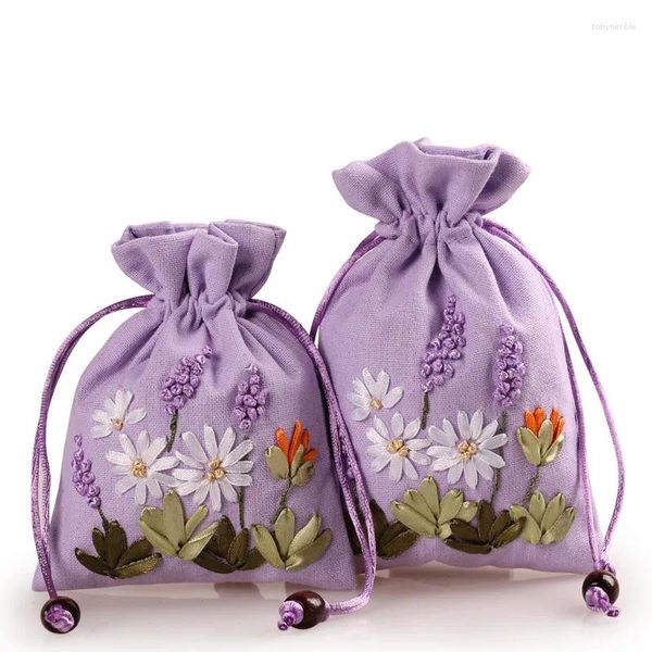 Bolsas de joyería 10 Uds cinta hecha a mano bordado pequeñas bolsas de tela de lino para embalaje bolsa con cordón bolsita vacía lavanda