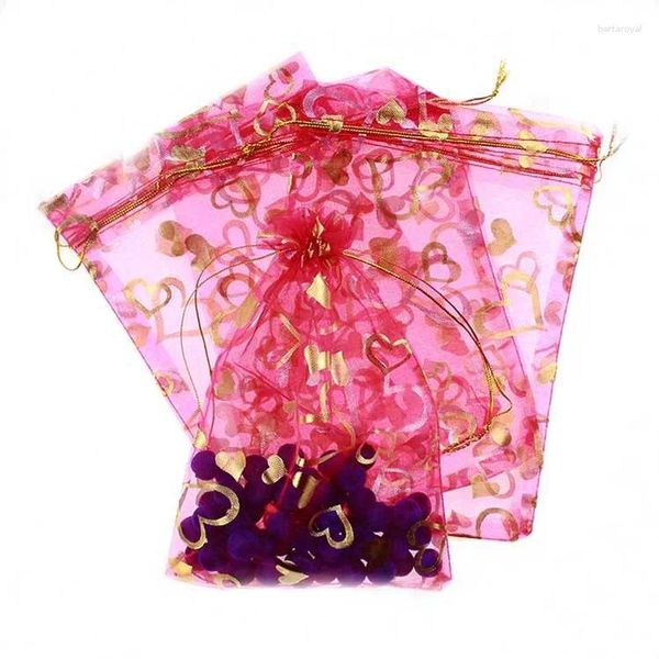 Pochettes à bijoux 17 23cm, 100 pièces, sacs cadeaux en forme de cœur en or Rose pour bijoux/mariage/noël, sac en fil avec poignées, emballage en Organza