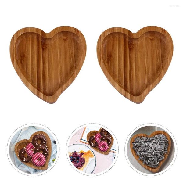 Bolsas de joyería 2 PCS Amor Bandeja de bambú Adorno de madera Plato de frutas Soporte en forma de corazón Plato de postre Pastel