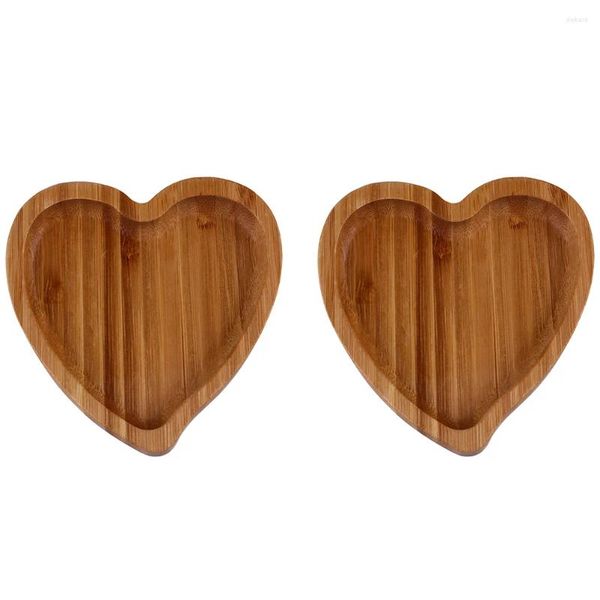 Bolsas de joyería 2 PCS Amor Bandeja de bambú Baratija de madera Forma de corazón Anillo de soporte Plato de postre Plato