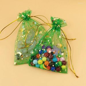 Pochettes à bijoux 200 pièces/lot, sac en Organza vert à motif étoile et lune, sacs d'emballage 7x9cm, pochette cadeau de bonbons pour fête de mariage