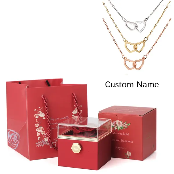 Sachets de bijoux 2023 Gift de la Saint-Valentin Custom pour les femmes Double Heart Gravé Nom Collier en acier Eternal Rose Box Mariage Bague de mariage