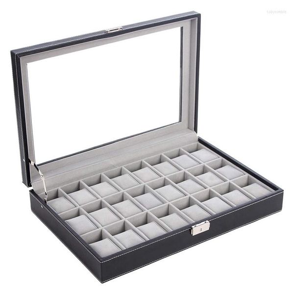 Bolsas de joyería 24 celdas Caja de reloj Camisa de vidrio grande Pantalla negra Bloc de notas Cuero artificial
