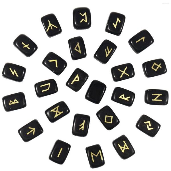 Pochettes à bijoux 25pcs Pierres runiques en obsidienne noire sertie de pierre de cristal irrégulière gravée de l'alphabet Futhark Elder pour la méditation, la divination