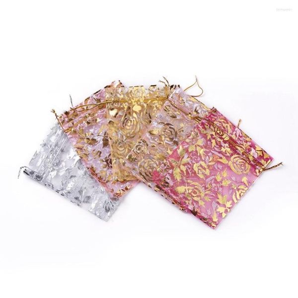 Pochettes à bijoux 25pcs / set Rose Imprimé Cordon Organza Sacs 12X10cm Mix Couleur Rectangle Cadeaux Faveur De Mariage Emballage Sac En Gros