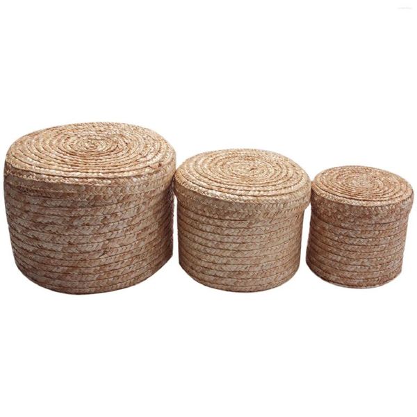 Sachets de bijoux 3 PCS / Set Panier de rangement tissé à paille artisanale avec collation de couvercle Boîte de linge Paniers de linge