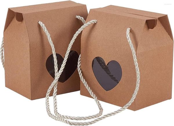 Bolsas para joyería, 30 Uds., caja de regalo de papel Kraft con mango marrón con corazón, ventana transparente y cuerda para boda, niños, fiesta de Navidad, vacaciones