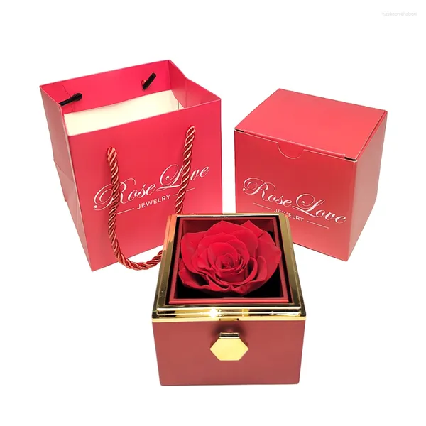 Sachets de bijoux à 360 degrés rotatifs préservés réel rose bac à banc de boîte Valentine pour toujours