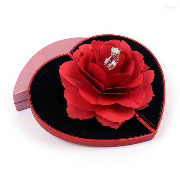 Bolsas de joyería 3D en forma de corazón Rosa flor anillo caja propuesta boda soporte de exhibición especialmente diseñado para parejas caja de almacenamiento