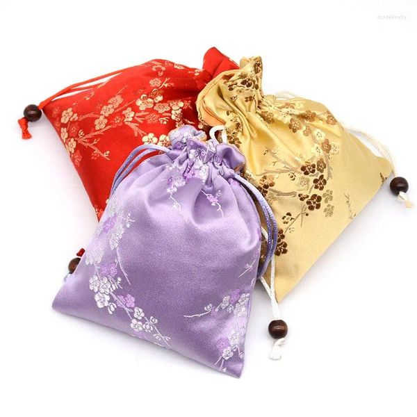 Sachets de bijoux 3pcs motifs de fleurs de cerisier petits sacs à cordon pour emballage poched pochette superficielle de rangement en satin de soie