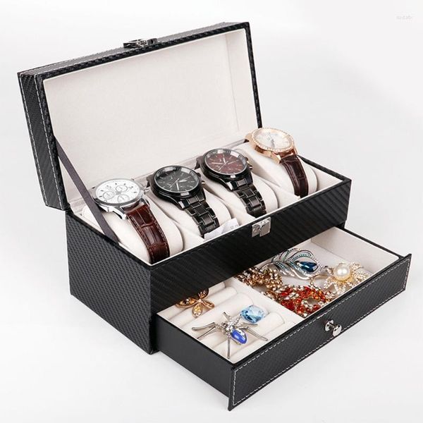 Bijoux Sacheses 4 grilles Double couches Watch Box Bo￮te en fibre de carbone PU Boucles d'oreilles Afficher le support de stockage Organisateur de luxe T84A