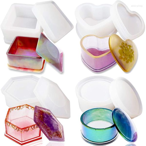 Bolsas para joyería, paquete de 4 cajas, moldes de resina en forma de corazón/hexágono/recipientes de epoxi redondos y cuadrados con tapa