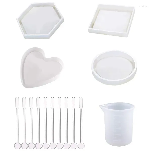 Sachets de bijoux 4 packs DIY Silicone Epoxy Moustage Moules incluent le cœur carré hexagonal rond pour le ciment en béton en résine avec 1 m