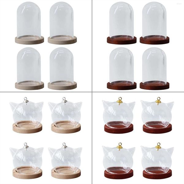 Pochettes à bijoux 4 pièces vase en dôme cloche en verre transparent avec socle en bois pour la décoration de la maison