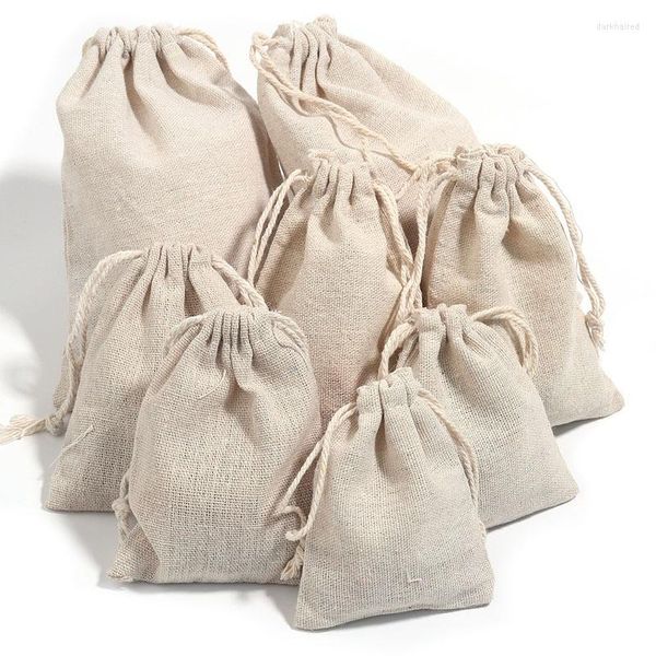 Bolsas de joyería 5-10 unids/lote bolsa de yute con cordón bolsa de embalaje Beige de arpillera bolsas de moda regalo de fiesta de cumpleaños de Navidad de boda