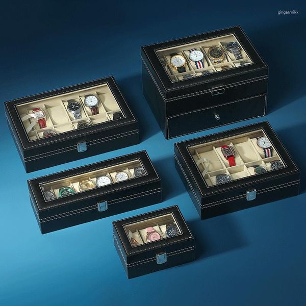 Bolsas para joyas, caja de almacenamiento de reloj de lujo ligera de cuero PU de 5 bits, pantalla electrónica mecánica para hombres y mujeres de gran capacidad para el hogar